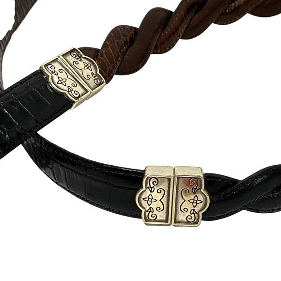 Dark brown & black reversible belt moc croc texture braided silver buckle 30" - Picture 3 of 9